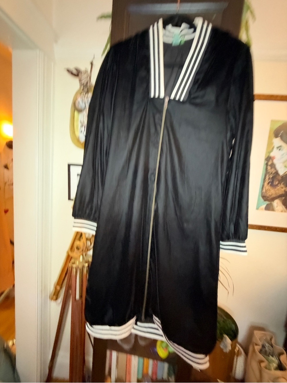 Rare!!! Farm Rio Black Women's Long Zip-Front Velvet Coat with Contrast Trim